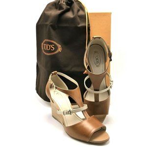 TOD'S Italian Leather High Wedge Sandals in Saddle